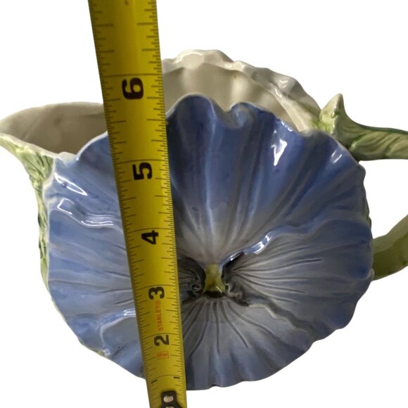 Fitz n Floyd Blue Pansy OCI Floral Ceramic Pitcher Jug 1/4 QT Green Leaf Handle - Picture 7 of 8